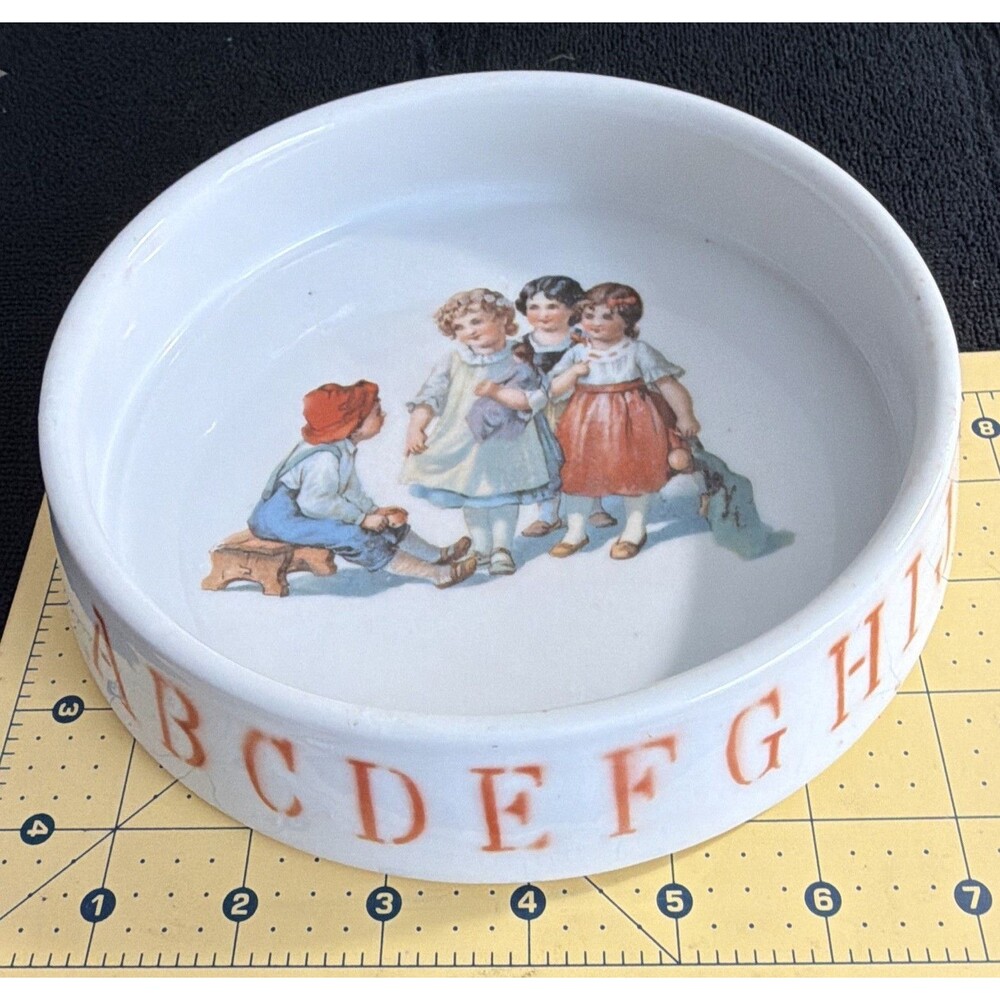 Ceramic Alphabet Pattern Kids Decorative Bowl, White/Orange Multicolor Round